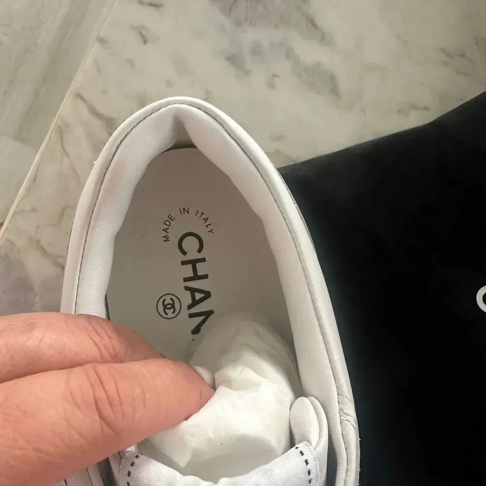 Chanel Woman’s White Sneakers with red and grey CC logo